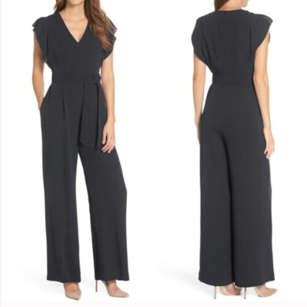 Eliza J‎ | Flutter Sleeve Crepe Pleated Wide Leg Belted Jumpsuit in Black Sz. 14